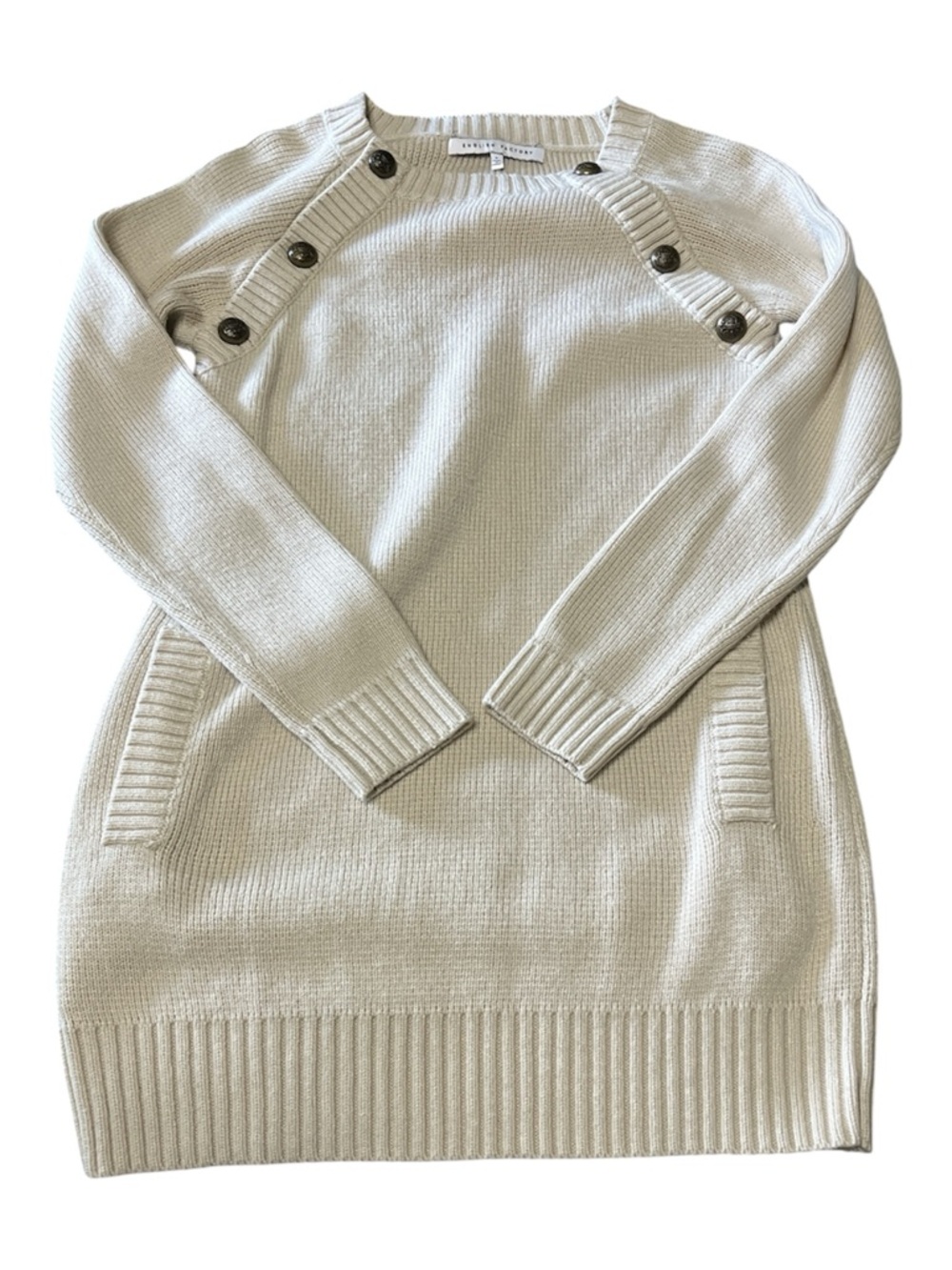 English Factory Cream Crewneck Sweater with Button-Shoulder Detail